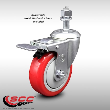 Service Caster 4 Inch SS Red Polyurethane 1/2 Inch Threaded Stem Caster with Total Lock Brake SCC-SSTSTTL20S414-PPUB-RED-121315